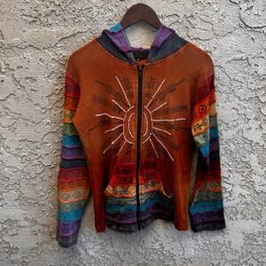 Rising International Boho Patchwork Zip Hoodie Sun Design Size M